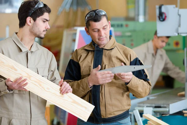 Tutor Training Apprentice Carpenter Use Woodworking Implement — Stock Photo, Image