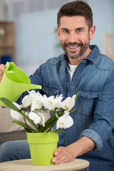 Skilled Handsome Man Watering Care Flower — Stock Photo, Image