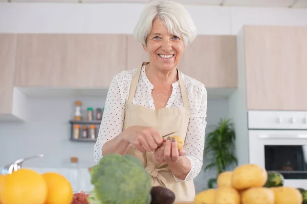 Portret Van Een Oma Snijden Groenten — Stockfoto