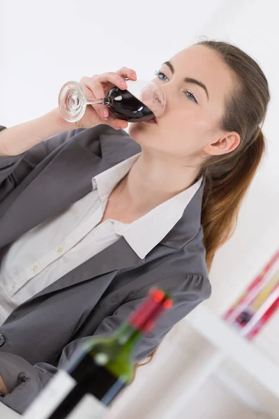 Woman Drinking Red Wine Restaurant — Stock Photo, Image