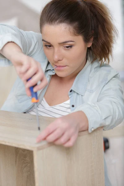 Mujer Joven Reparación Muebles Casa —  Fotos de Stock