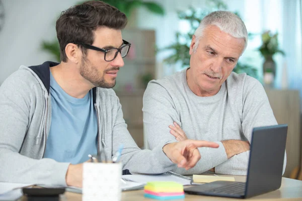 Smiling Father Son Laptop While Sitting Desk — Stock Photo, Image