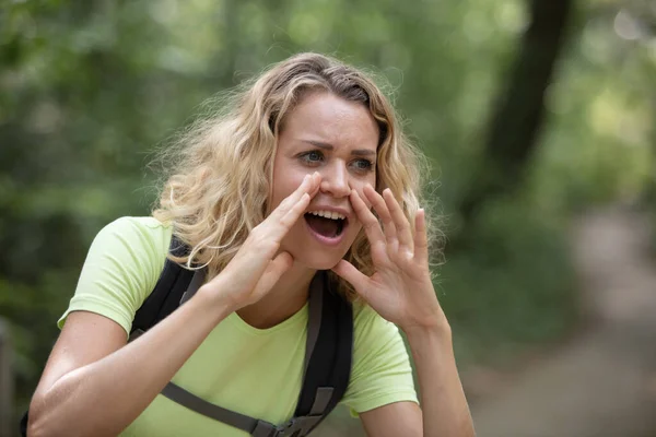 Middle Age Hiker Woman Shouting Yelling — Stock Photo, Image
