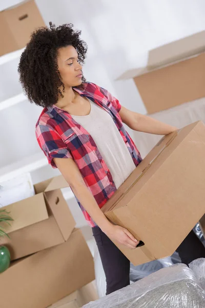 Woman Moving Carrying Cartons Boxes — Stock Photo, Image