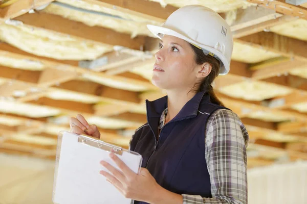 Kvinde Builder Iført Sikkerhedshjelm Holder Udklipsholder - Stock-foto