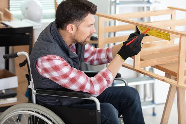 Young Man Wheelchair Making Wooden Construction — Stock Photo, Image