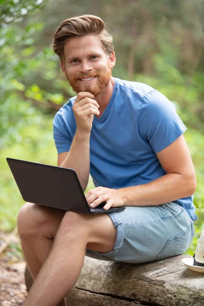 Handsome Young Man Using Mobile Phone Forest — Stock Photo, Image