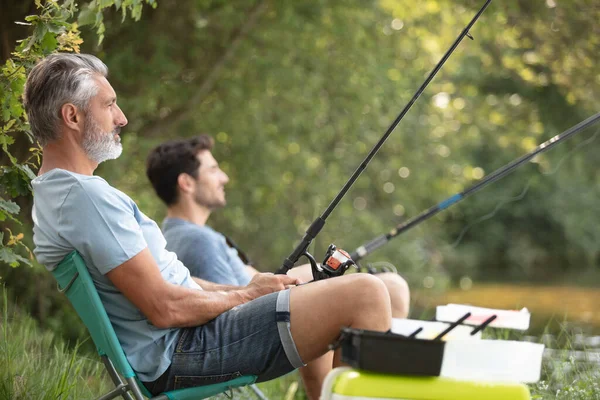 Two Male Friends Fishing Sunny Day — Stock Photo, Image