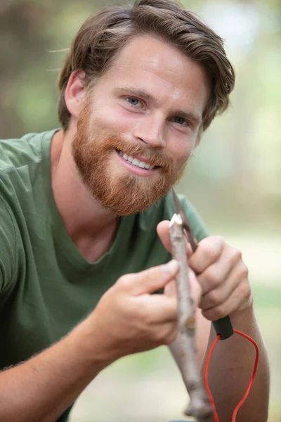 Skillful Man Whittling Stick Forest — Stock Photo, Image