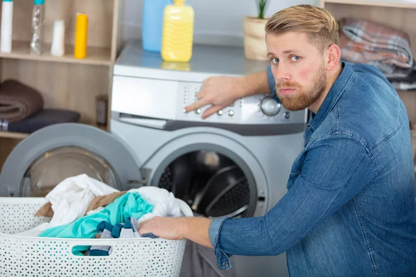 Young Husband Man Doing Laundry Home — Stock Photo, Image