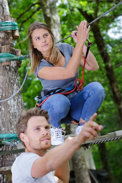 Instrutor Masculino Dando Informações Sobre Escalada Árvores — Fotografia de Stock