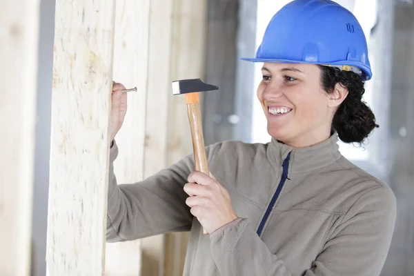 Mutlu Genç Bir Kadın Duvara Çivi Çakıyor — Stok fotoğraf