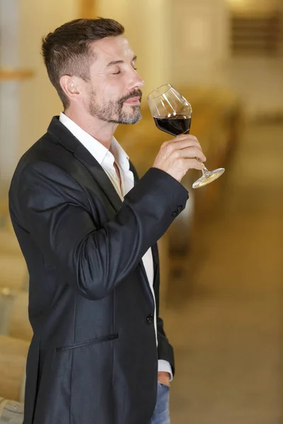 木のある地下室でワインの試飲をしている大人の男 — ストック写真