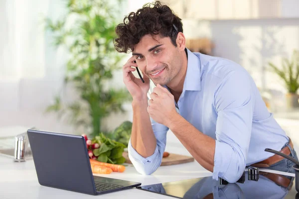 Happy Handsome Man Cooking Kitchen Home — Stock Photo, Image