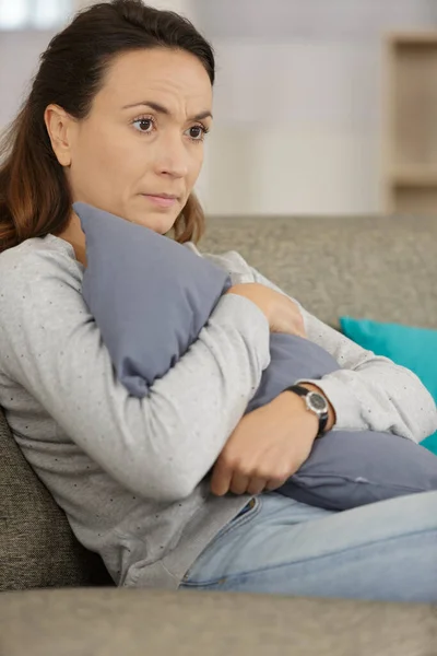 Sad Woman Looking Away Home Living Room — Stock Photo, Image