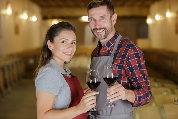 Професійна Команда Виноробні Позує Вином Підвалі — стокове фото