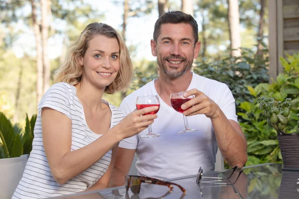 Cute Couple Drinking Red Wine Picnic Park — Photo