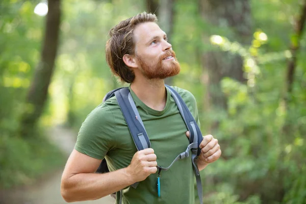 男性徒步旅行者向森林边走去 — 图库照片