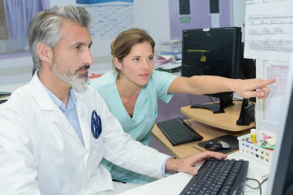 Bilgisayarı Kullanan Ekranı Işaret Eden Tıbbi Personel — Stok fotoğraf