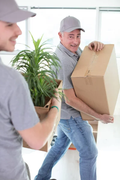 Wyprowadzki Mężczyźni Nosić Kartonowe Pudełka Roślin — Zdjęcie stockowe
