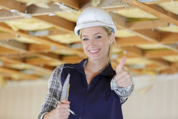 Portrait Woman Engineer Showing Thumb — Stock Photo, Image