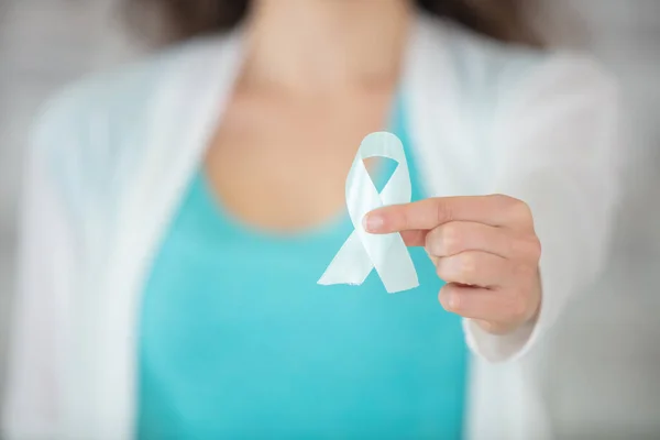 Woman Holding Aids Hiv Awareness Ribbon — Stock Photo, Image
