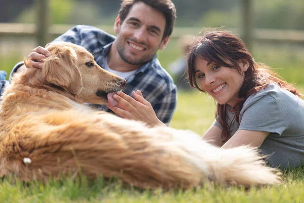 Gyönyörű Romantikus Pár Szórakozik Kutyával — Stock Fotó