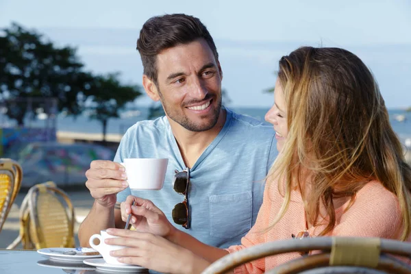 Portrait Relaxed Couple Drinking Hot Coffee — Stock Photo, Image
