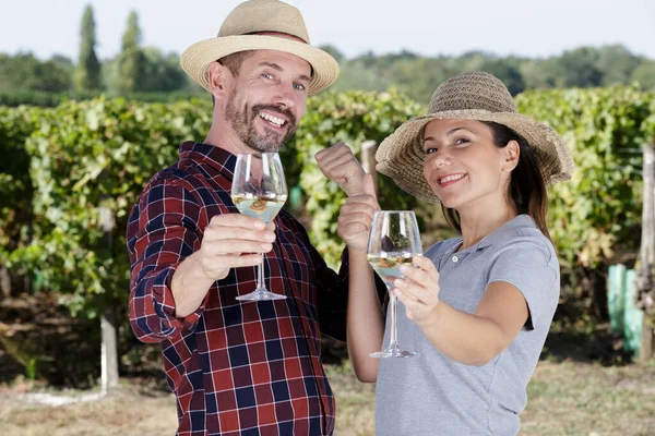 Γυναίκα Και Άνθρωπος Στον Αμπελώνα Πίνοντας Κρασί — Φωτογραφία Αρχείου