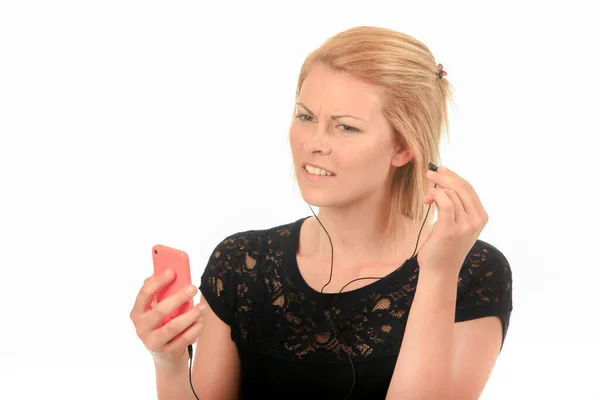 Kulaklık Dinleyen Kafası Karışmış Bir Kadın — Stok fotoğraf