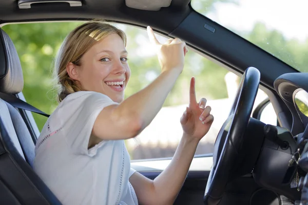 Dancing Young Woman Driving Car — Stock Photo, Image
