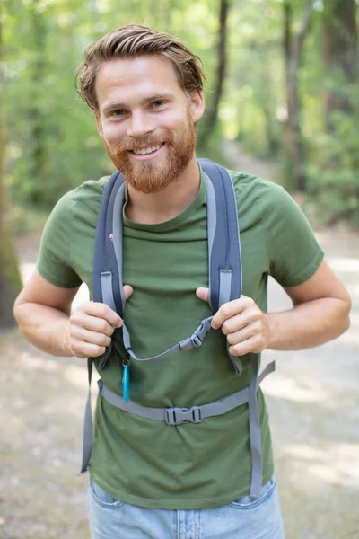 Closeup Cheerful Young Man Smiling Forest — Stock Photo, Image