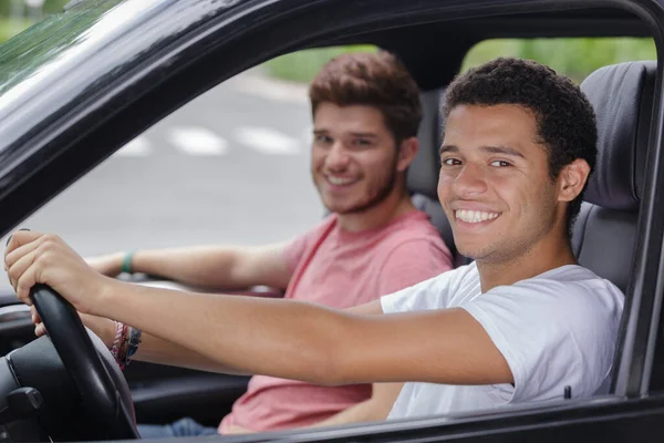Portrait Young Men Front Seats Car — Stock Photo, Image