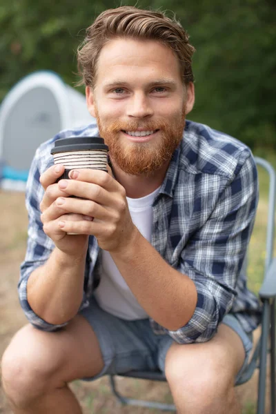 Young Bearded Hipster Cup Coffee Sitting Chair — Stock Photo, Image