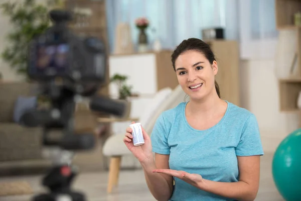 Fitness Blogger Woman Recording Video Her Vblog — Stock Photo, Image