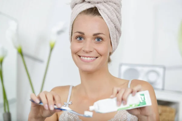 Woman Towel Head Going Brush Teeth —  Fotos de Stock