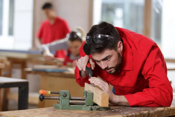 Furniture Maker Chiselling Chair Joint — Stock Photo, Image