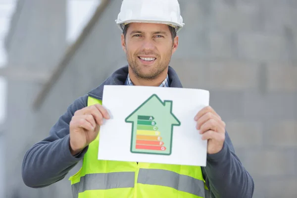 Trabalhador Construção Com Certificado Energético — Fotografia de Stock