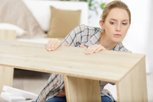Woman Assembling New Diy Furniture Home — 스톡 사진
