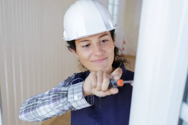 Woman Installing Blinds Screwdriver — Stock Photo, Image