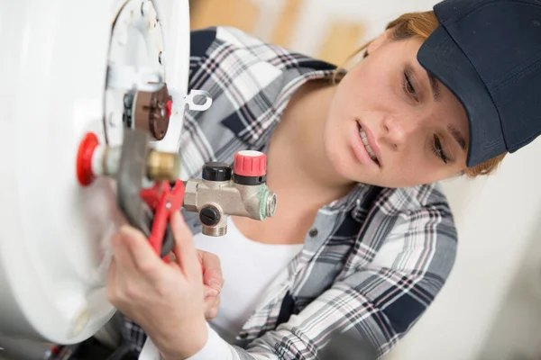 Young Woman Instructions Set Boiler — Stock Photo, Image