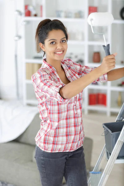 Woman Wall Paint Roller Sleeve Home Improver — Stock Photo, Image