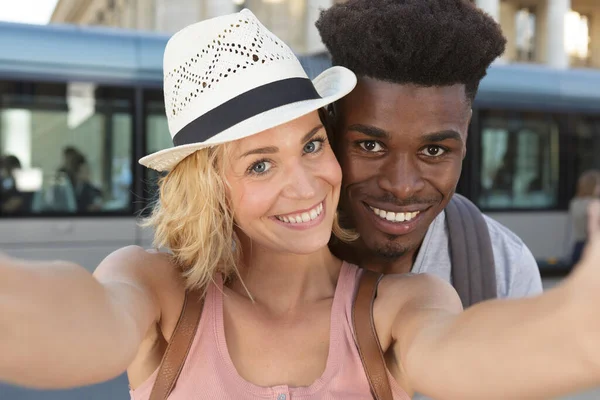 Mixed Race Couple Taking Selfie Smartphone — Stock Photo, Image