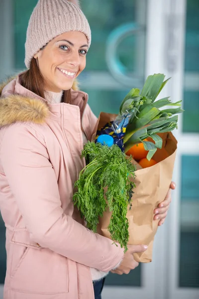 Elinde Sebzeli Alışveriş Torbası Tutan Genç Bir Kadın — Stok fotoğraf