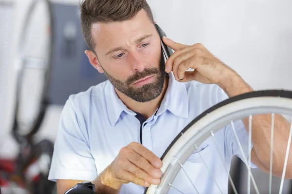 Small Business Owner Phone Computer Bike Store — Stock Photo, Image