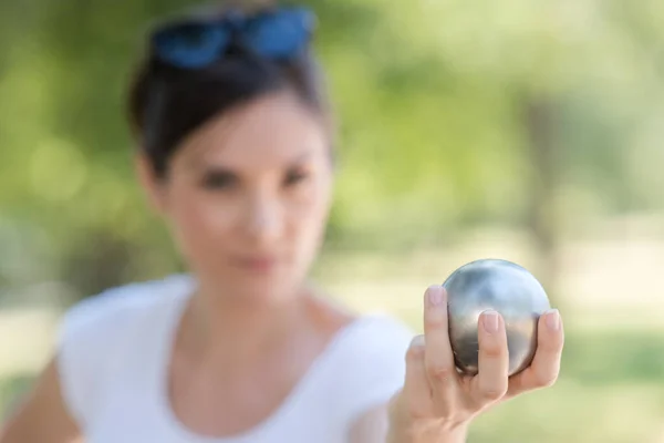 Hand Woman Holding Petanque Ball Boule — Stock Photo, Image