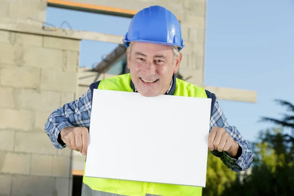 Senior Engineer Man Holding Blank Advertising Banner — Foto Stock