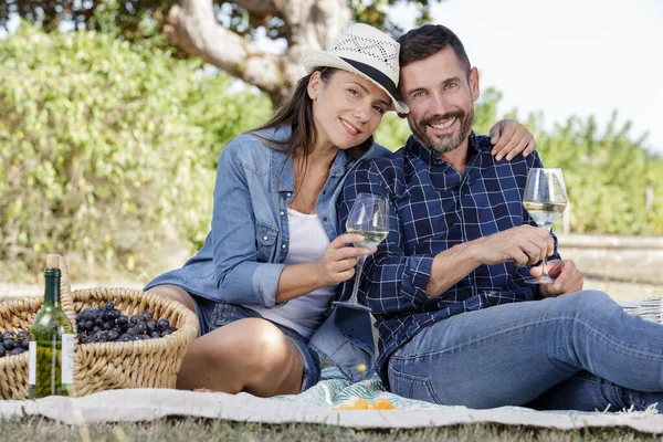 Piknikte Şarap Içen Sevimli Çift — Stok fotoğraf