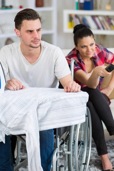 Handsome Handicapped Man Wheelchair His Girlfriend Home — Stock Photo, Image