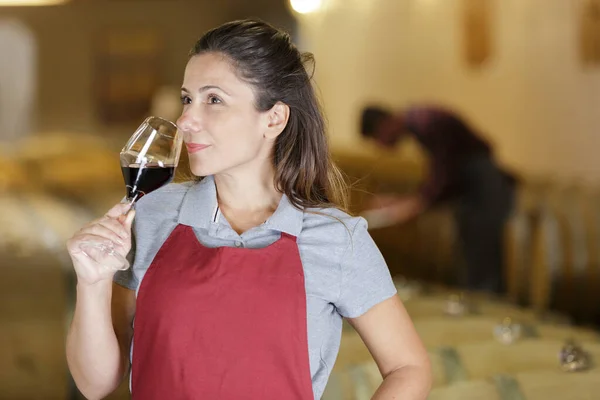 Χαμογελαστή Γυναίκα Πίνοντας Κόκκινο Κρασί Ένα Κελάρι — Φωτογραφία Αρχείου